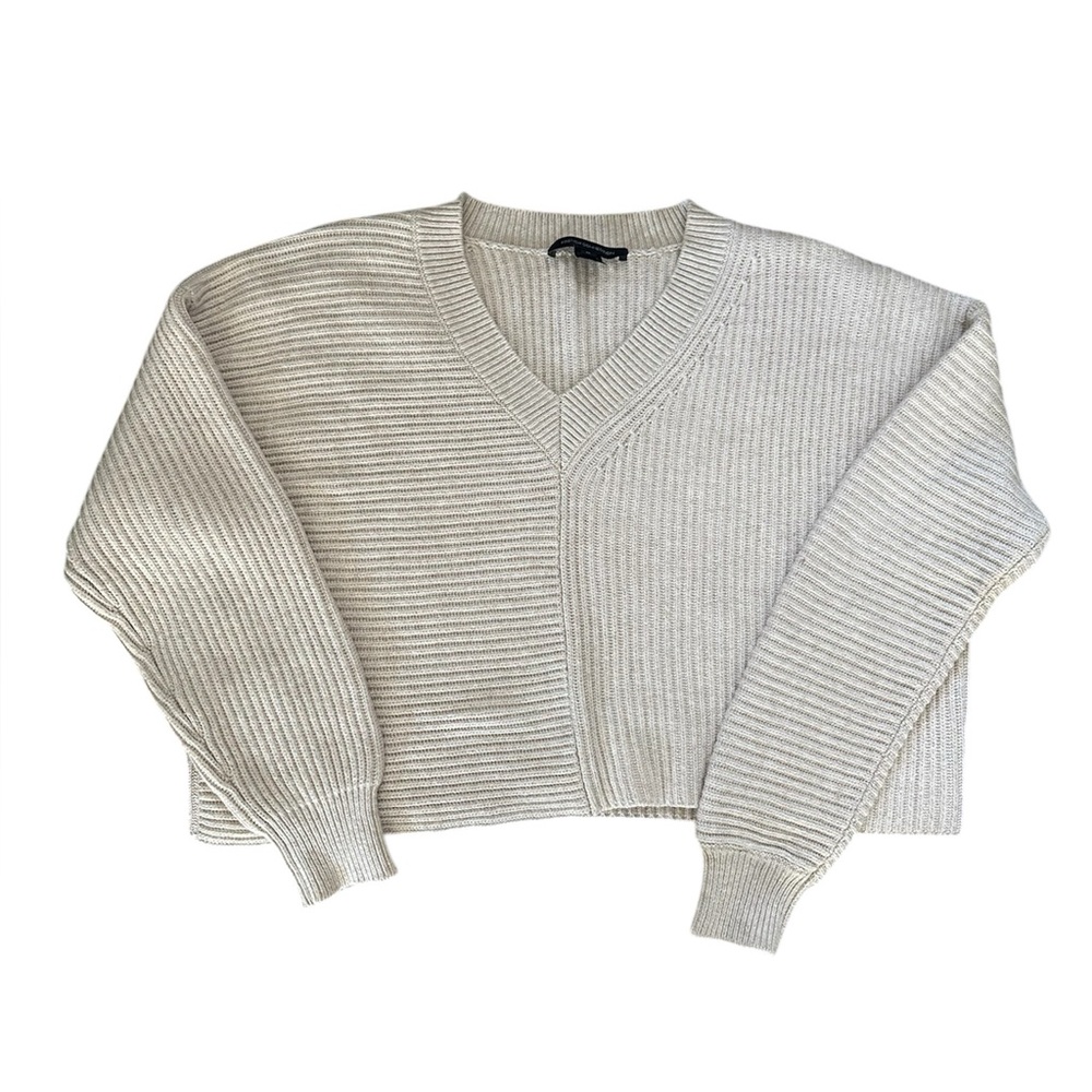 French Connection Cream Ribbed V-Neck Sweater